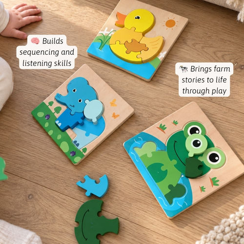 Three wooden animal puzzle boards are arranged on a light wood floor, with loose puzzle pieces nearby. A child's hand and leg are visible at the top left, and two text callouts describe the educational benefits of the play.