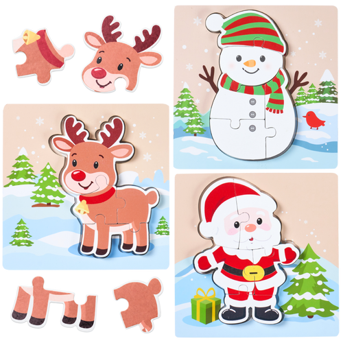 A set of Christmas-themed wooden jigsaw puzzles shown in a collage layout. The puzzles include cartoon reindeer, a snowman, and Santa Claus in winter scenes with snowy trees and gifts. [fill]