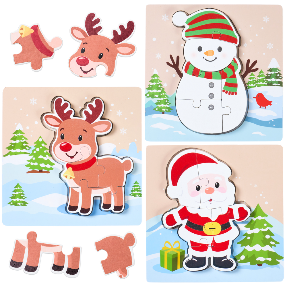 A set of Christmas-themed wooden jigsaw puzzles shown in a collage layout. The puzzles include cartoon reindeer, a snowman, and Santa Claus in winter scenes with snowy trees and gifts. 