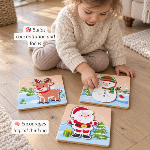 A child sits on a wooden floor playing with three colorful wooden puzzle boards featuring a reindeer, a snowman, and Santa Claus. Text overlays highlight the educational benefits of the puzzle set.
