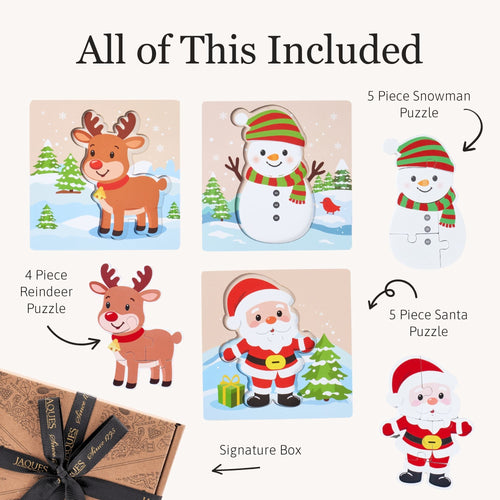 A holiday-themed product bundle graphic on a light beige background with the headline 'All of This Included.' It shows five illustrated puzzle cards: a reindeer, a snowman, a reindeer, Santa, and Santa, plus a brown gift box tied with a black ribbon.