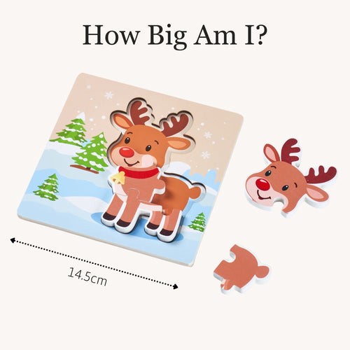 A children's wooden puzzle about a reindeer with the text 'How Big Am I?' and a measurement marker showing 14.5 cm.