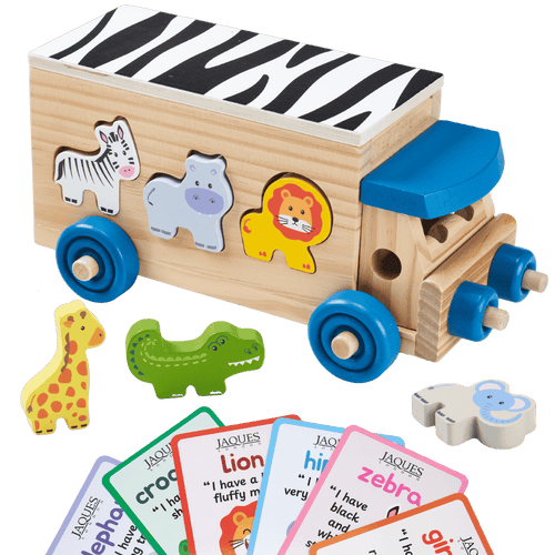 A wooden toy train car with animal cutouts and colorful animal pieces, shown on a white background with matching animal tokens and printed cards. [fill]