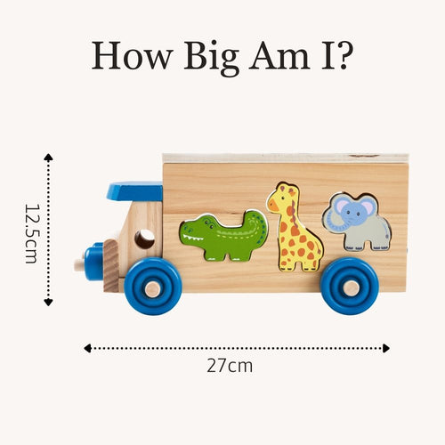 A wooden toy truck with colorful animal cutouts, shown with measurement labels reading 12.5 cm height, 27 cm length, and the text 'How Big Am I?' on a light beige background.