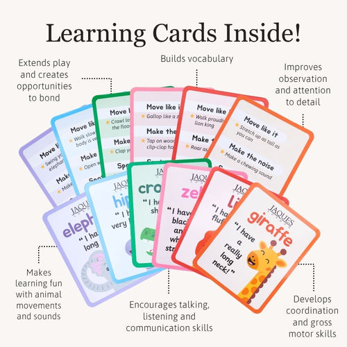 Educational learning cards fanned out on a light beige background with callout text describing what the cards teach, including vocabulary, animal sounds, observation, coordination, and communication skills. The cards feature colorful borders and playful animal illustrations such as giraffes, elephants, and a blue whale.