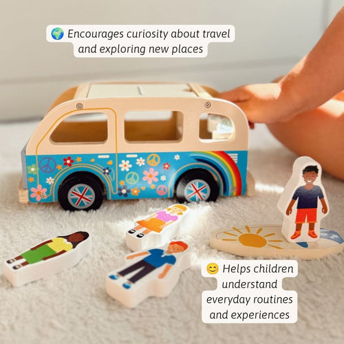 A wooden toy bus set with colorful floral and rainbow decals, shown on a soft white surface with small wooden character pieces and a child's hand interacting with it. Text overlays describe educational benefits. 