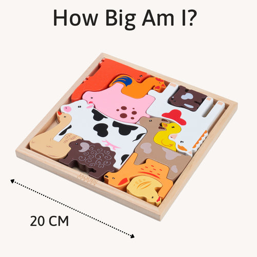 Wooden puzzle with animal shapes and measurements on a white background  