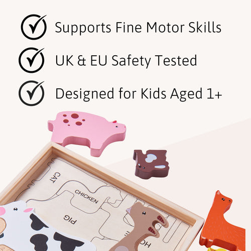 Wooden puzzle with animal shapes and text highlighting features on a light pink background 