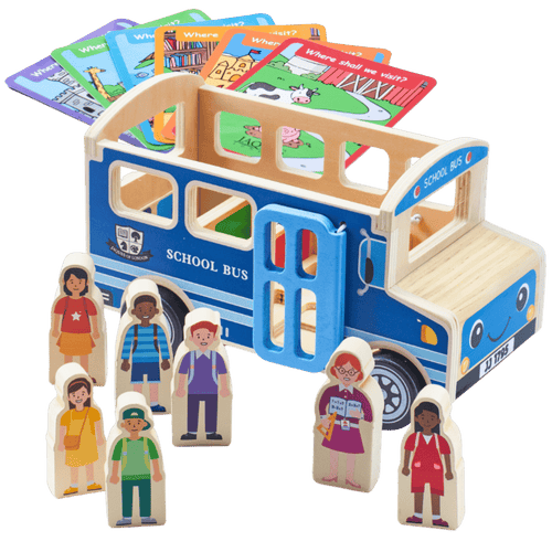 A children's wooden school bus toy set on a white background, featuring a blue and natural wood bus frame with colorful illustrated cards and five wooden character figures. [fill]