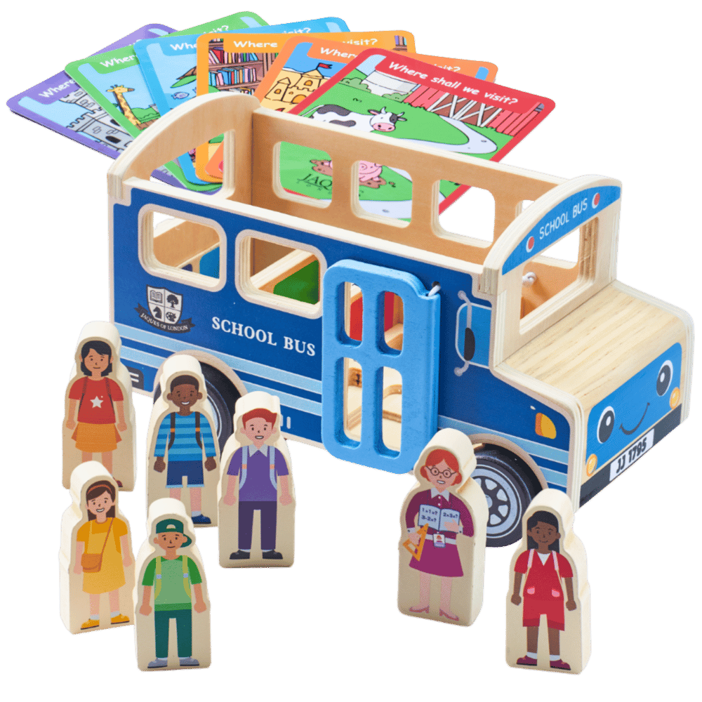 A children's wooden school bus toy set on a white background, featuring a blue and natural wood bus frame with colorful illustrated cards and five wooden character figures. 