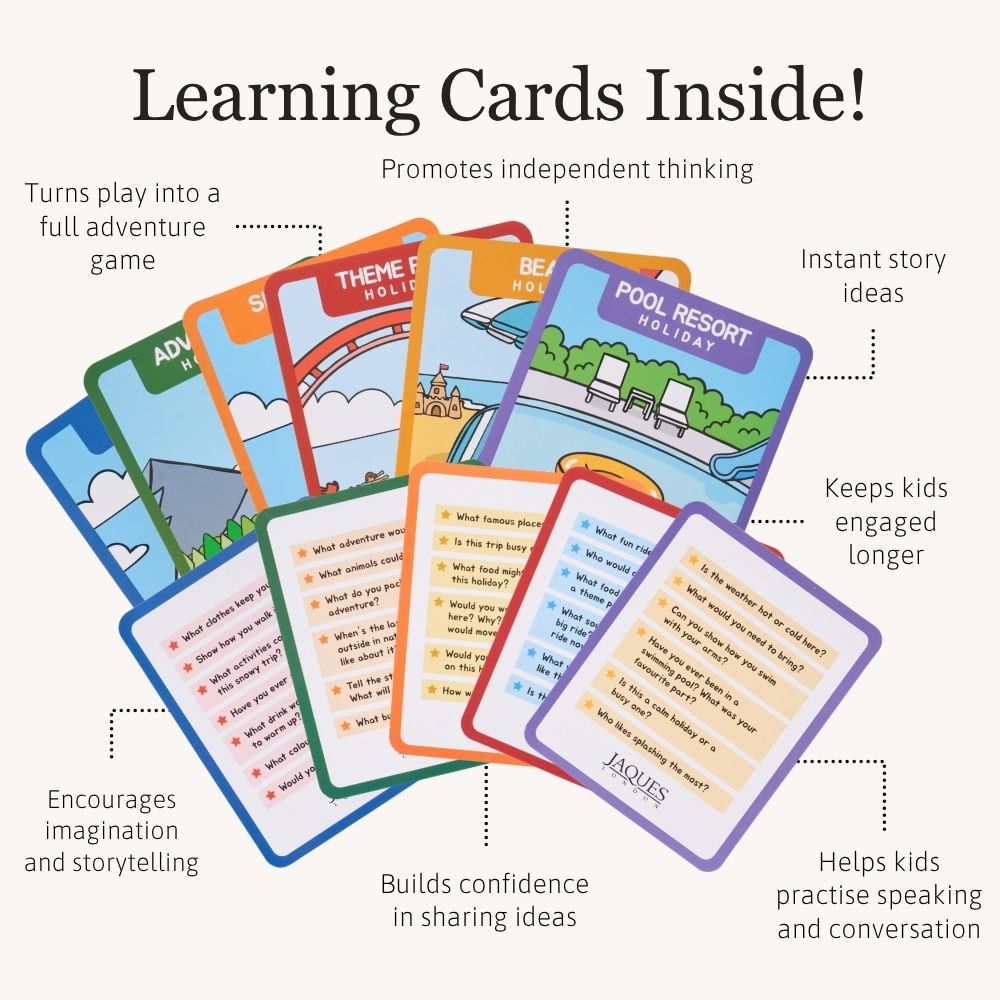 A promotional graphic showing a fan of colourful children's learning cards with text callouts describing benefits such as promoting independent thinking, instant story ideas, and helping kids practise speaking and conversation. The cards feature illustrated scenes and titles like Adventure, Theme Park Holiday, and Pool Resort Holiday. 