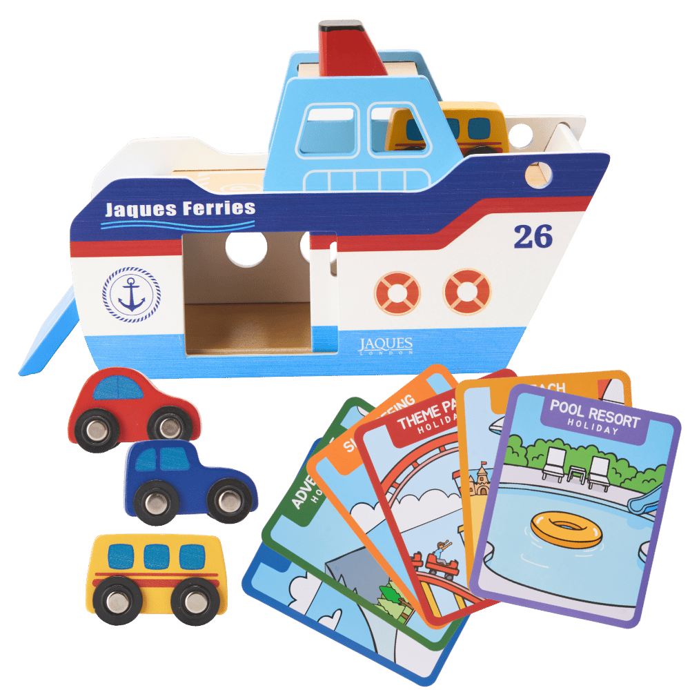 A children's wooden ferry-themed toy set on a white background, featuring a large blue, white, and red Jaques Ferries ferry with an open cargo hold, several small wooden cars, and four illustrated activity cards including 'The Park', 'Ave Park', 'Theme Park', and 'Pool Resort Holiday'. 