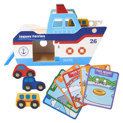 Jaques of London wooden Toy Ferry Boat with three wooden cars and holiday activity cards, on a white background