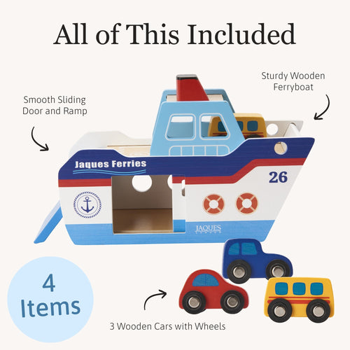 “All Of This Included” layout showing the full set: wooden boat, removable cabin pieces, peg people, and small accessory blocks displayed separately. 