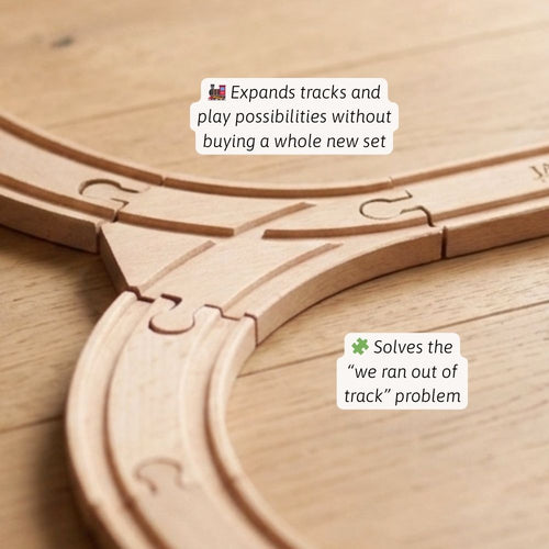 Wooden track expansion piece for a toy train set on a wooden surface with text describing its features.