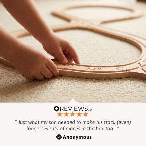 Child's hands playing with a wooden toy track on a carpeted floor, with a five-star review overlay.
