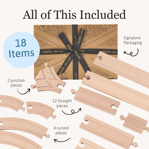 Wooden train tracks with packaging and text indicating included items.
