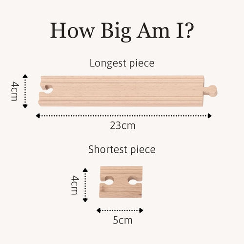 Measurement chart showing dimensions of wooden puzzle pieces with text 'How Big Am I?'