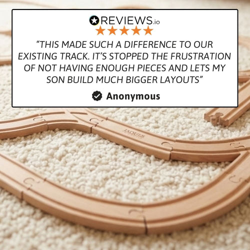 Toy track set with a five-star review from Anonymous on top