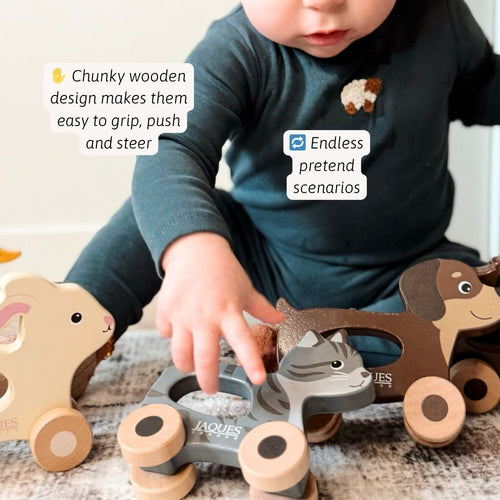 Child playing with wooden toys on a textured surface 