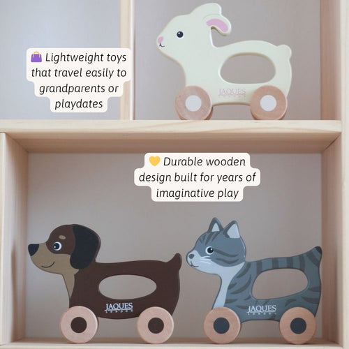 Wooden toys including a dog, cat, and rabbit on a shelf with text about durability and portability. 