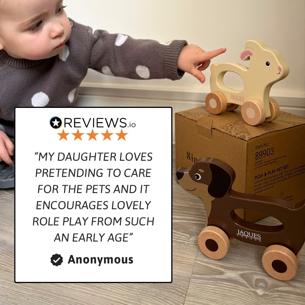 Child playing with wooden toys on a cardboard box, with a 5-star review displayed. 