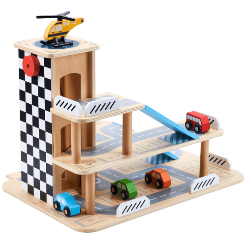 A wooden toy garage playset with a checkered tower, ramps, roads, and small toy cars and a helicopter, shown on a solid green background.