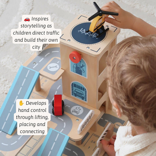 Child enjoying a wooden car garage playset with ramps, encouraging imaginative and hands-on play. 