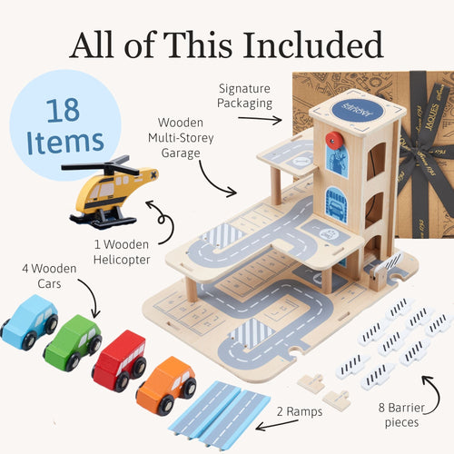 Wooden toy parking garage playset including four wooden cars, helicopter, ramps, barriers, and gift-ready packaging. 