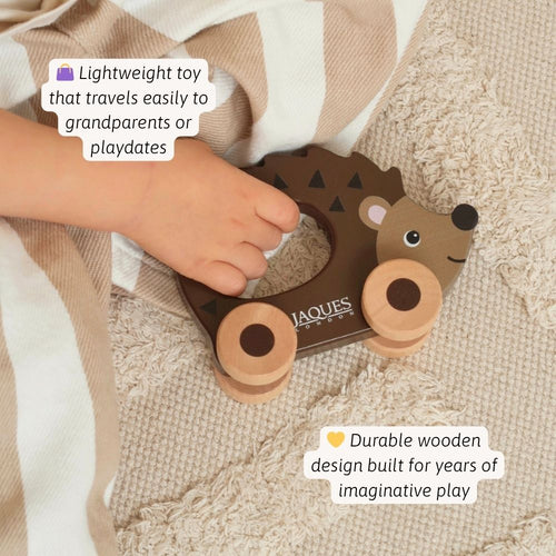 Hedgehog-shaped wooden toy with text about its lightweight design and durability. 