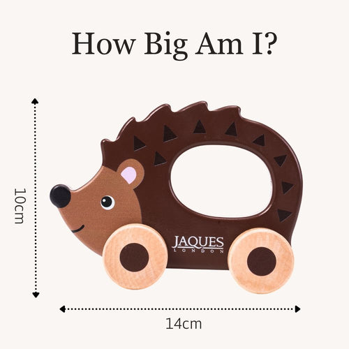 Hedgehog-shaped teething toy with measurement details on a white background 