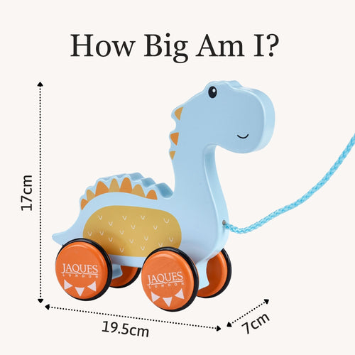 Blue dinosaur toy with measurement details on a white background 