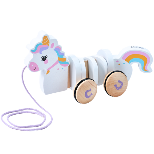 A wooden pull toy shaped like a smiling unicorn with a rainbow tail, featuring pastel-colored details and two natural wood wheels on a white background. [fill]