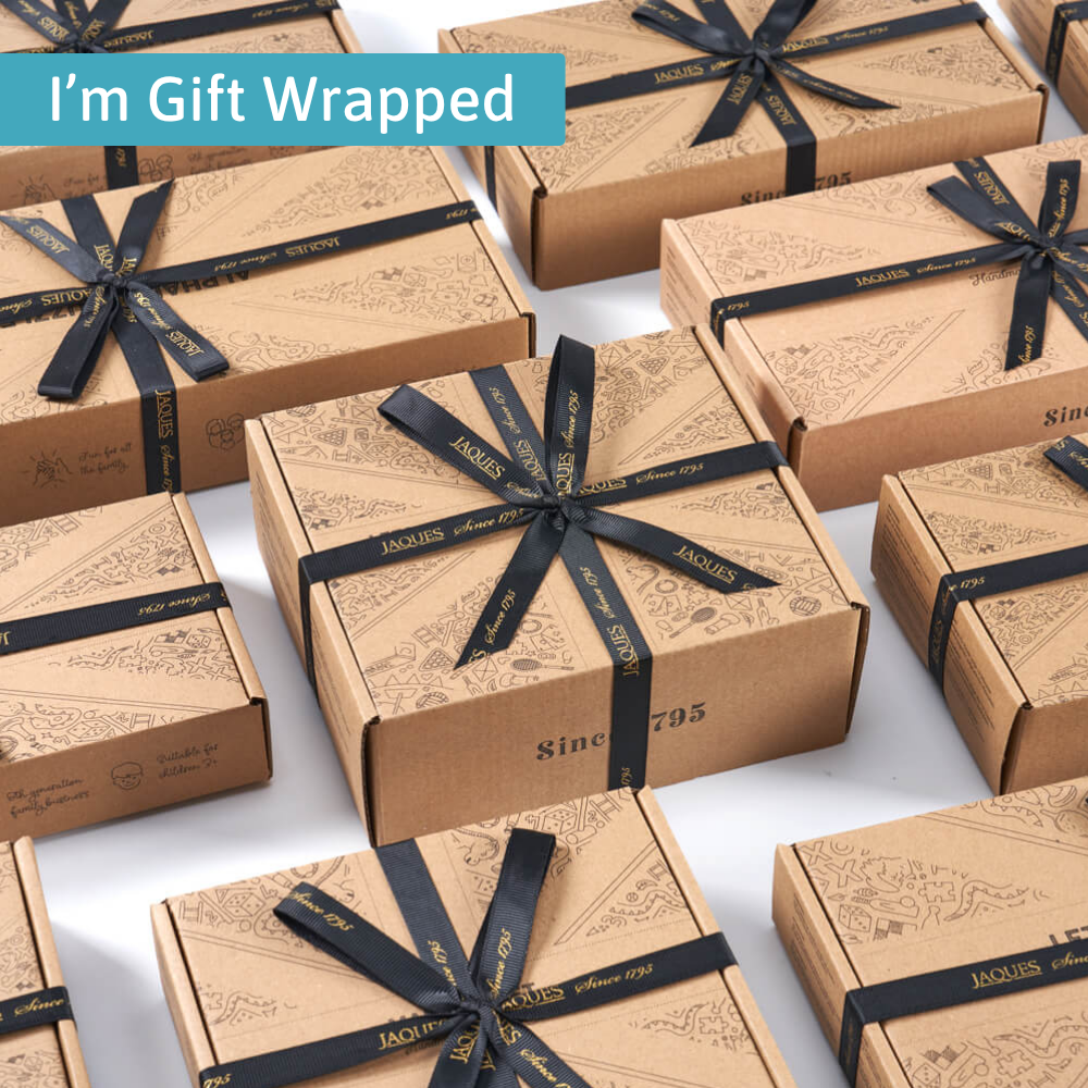 Stack of Jaques of London gift boxes tied neatly with black ribbon and overlaid text reading ‘I’m Gift Wrapped’. 