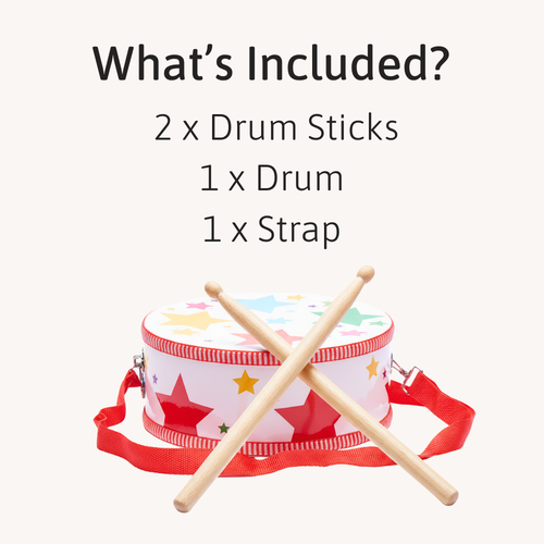 Flat lay of toy drum set contents with text listing 2 drumsticks, 1 drum, and 1 strap. 