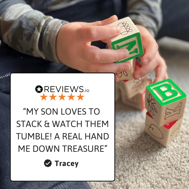 Child playing with wooden blocks, with a five-star review overlay. 