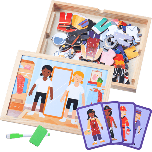 A children's wooden pretend-play outfit and accessory set shown on a white background. The set includes a light wood box filled with colorful clothing and accessory pieces, a smaller illustrated wooden frame with two children in outfits, several character cards, a green eraser, and a white marker. [fill]