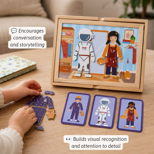 A children's wooden puzzle box set on a tabletop, showing a framed scene of a girl in a space suit with clothing and accessory pieces arranged around it. A child's hands are visible assembling pieces, and text callouts describe conversation encouragement and visual recognition building.