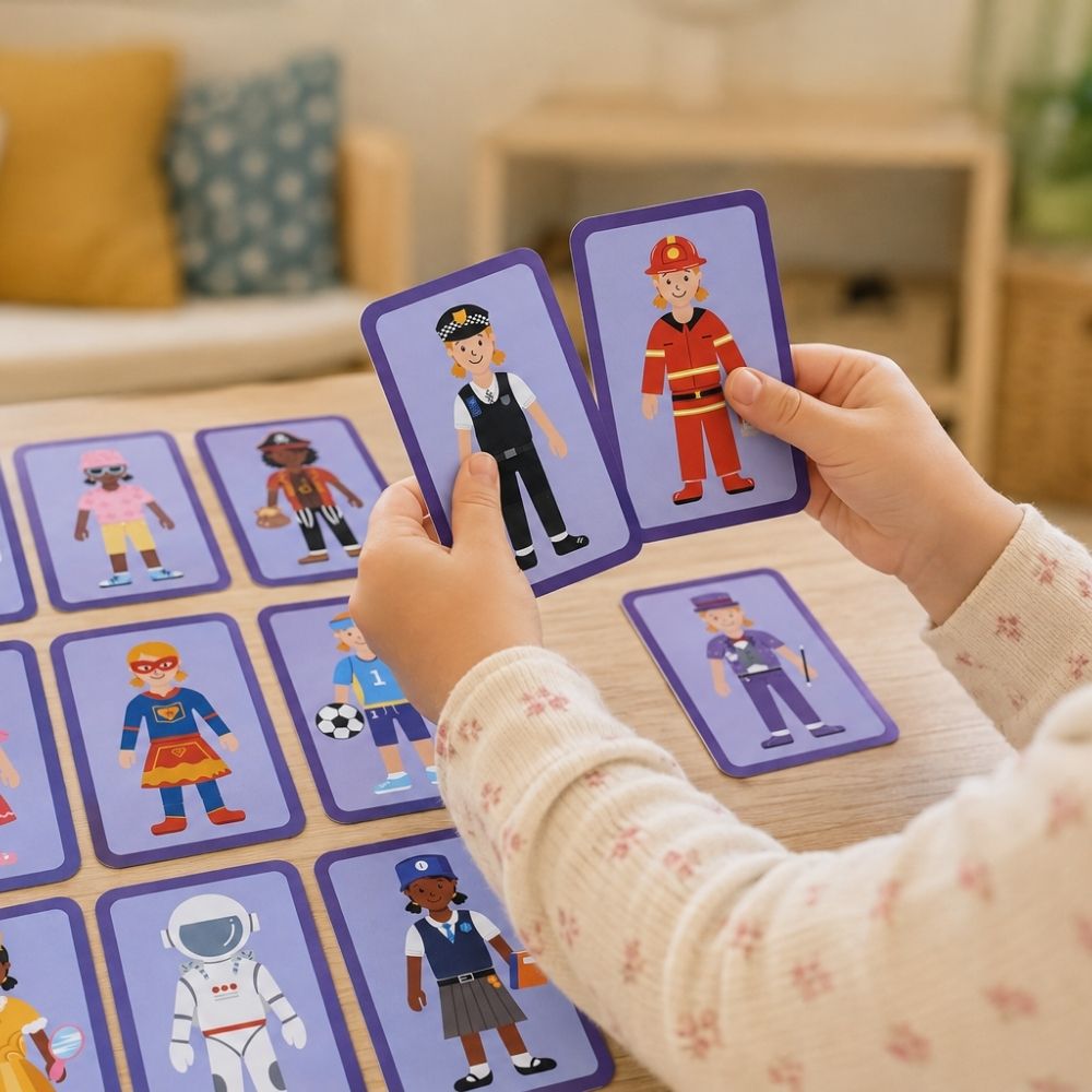 A child's hands hold two colorful character cards over a table filled with similar cards, showing a playful learning scene in a softly lit indoor setting.