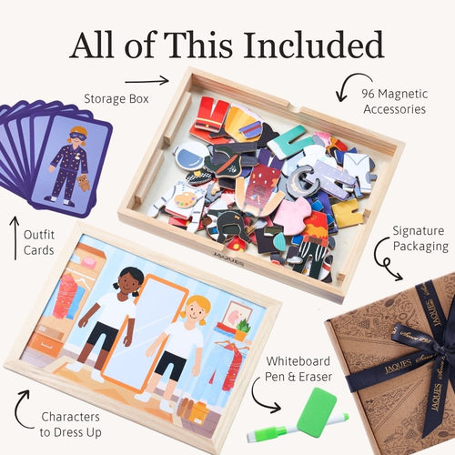 A children's dress-up and storage toy set shown on a light beige background with callout labels. The set includes a wooden storage box filled with colorful magnetic accessories, illustrated outfit cards, a whiteboard pen and eraser, and a branded gift box.