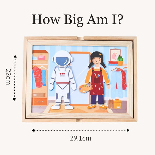 A wooden children's puzzle box labeled 'How Big Am I?' with printed dimensions showing 29.1 cm wide and 22 cm tall.