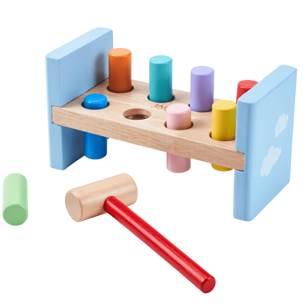 Colorful wooden hammering toy with various cylindrical pegs and a red hammer on a transparent background 