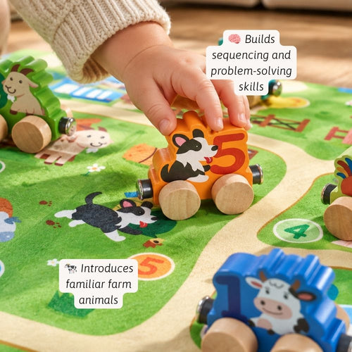 A child's hand pushes an orange wooden toy car with a black-and-white dog on a colorful farm-themed play mat. Other toy cars are visible around the mat, and text callouts describe developmental benefits.
