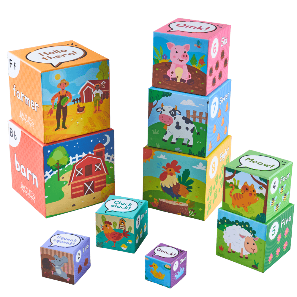 Set of colourful children's learning blocks with farm animals and numbers on a transparent background 
