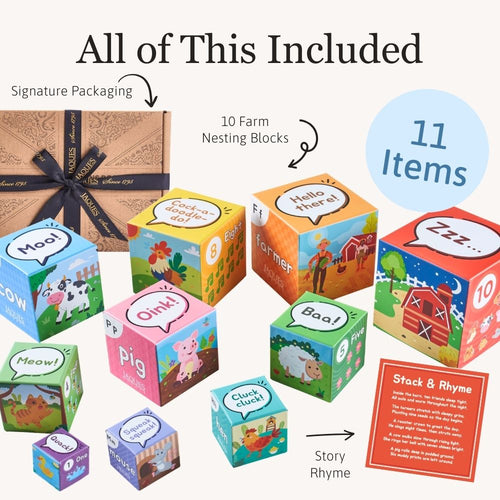 Set of farm-themed nesting blocks with packaging and text indicating included items. 