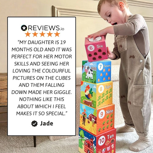 Child playing with colourful number blocks, with a review quote on the left. 