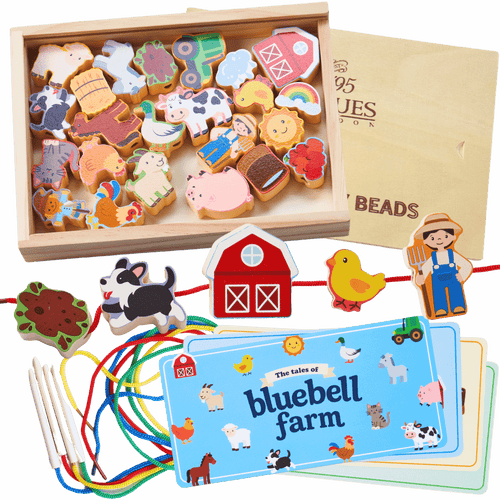 A children's wooden bead toy set from BlueJues Don, featuring colorful animal and farm-themed wooden beads in a wooden box, with a blue bellows tag reading 'The tales of bluebell farm' and multicolored stringing rods and thread. [fill]