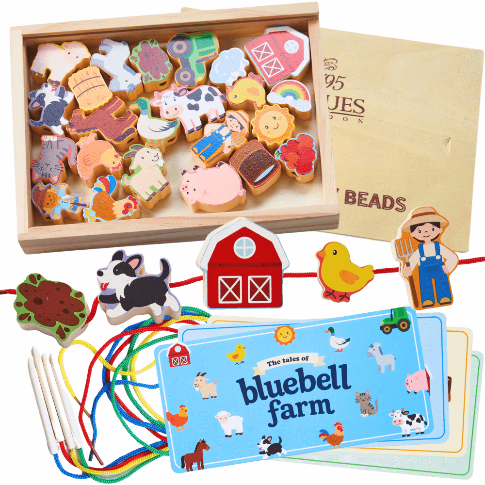 A children's wooden bead toy set from BlueJues Don, featuring colorful animal and farm-themed wooden beads in a wooden box, with a blue bellows tag reading 'The tales of bluebell farm' and multicolored stringing rods and thread. 