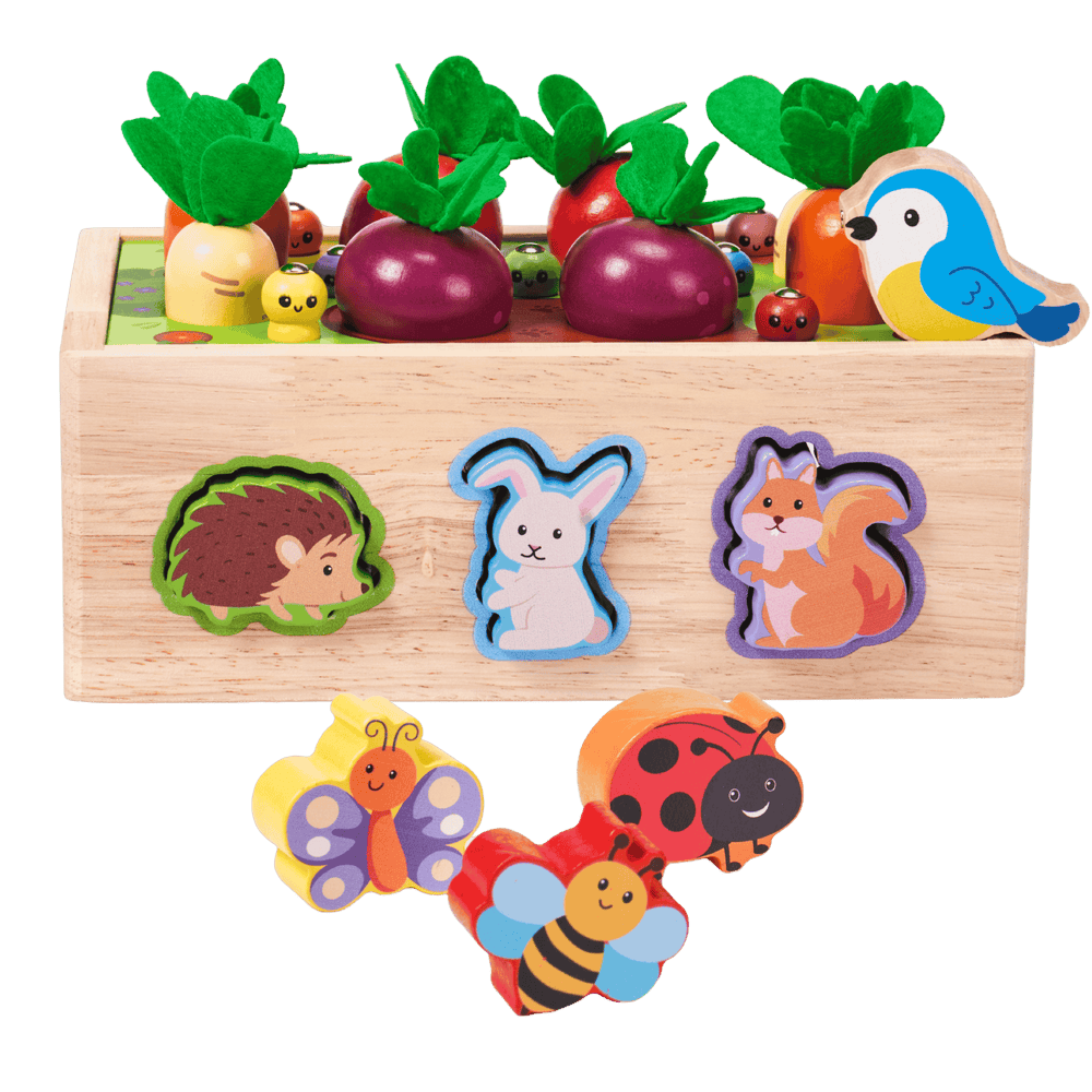 Wooden garden shape sorter with animal shape slots, vegetables and insect pieces displayed on a black background 