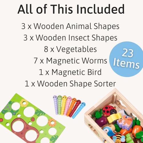 Garden shape sorter toy contents showing wooden animal shapes, insect shapes, vegetables, magnetic worms and bird 